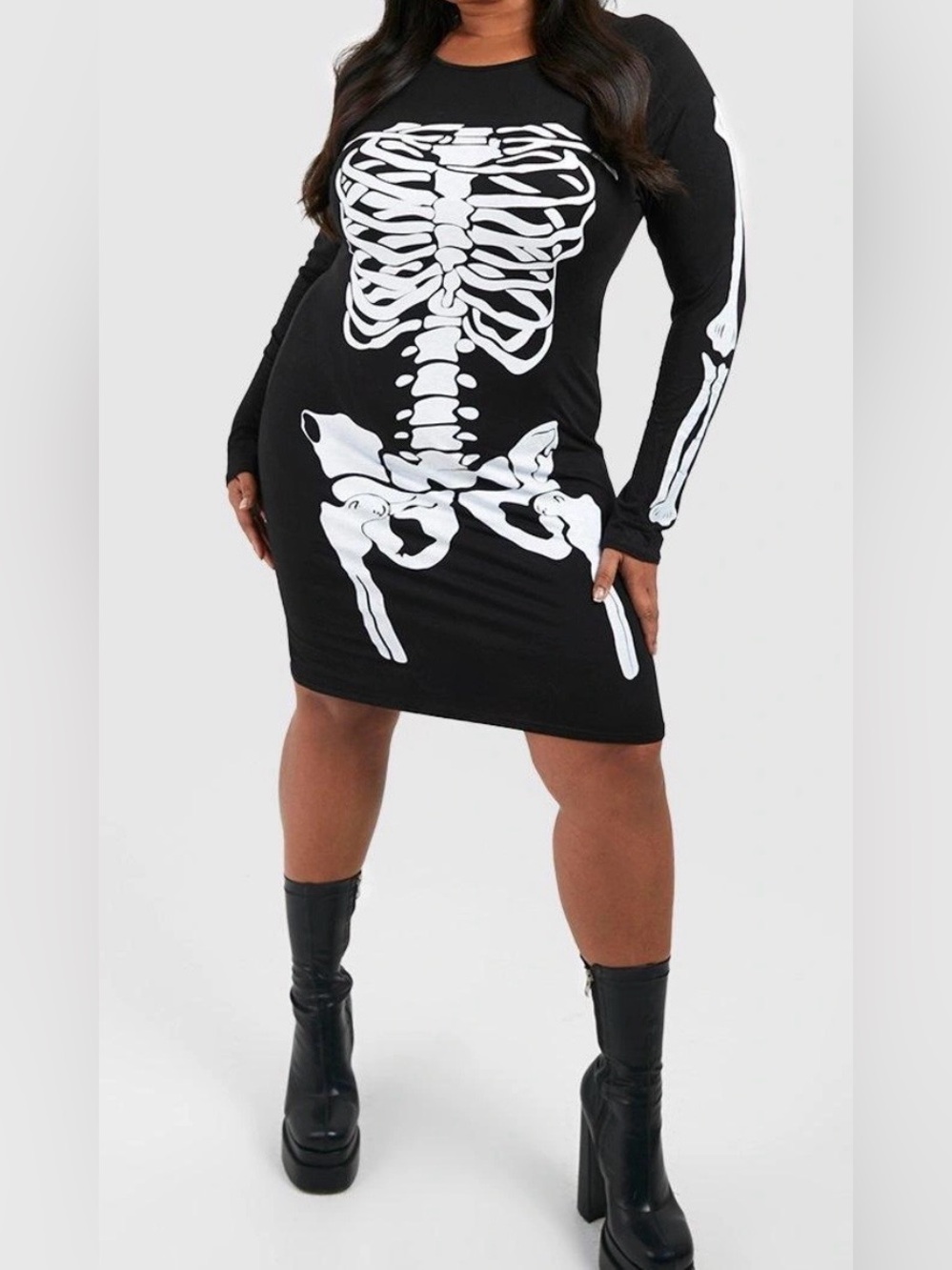 Boohoo Black and White Skeleton Long Sleeve BodyCon Dress